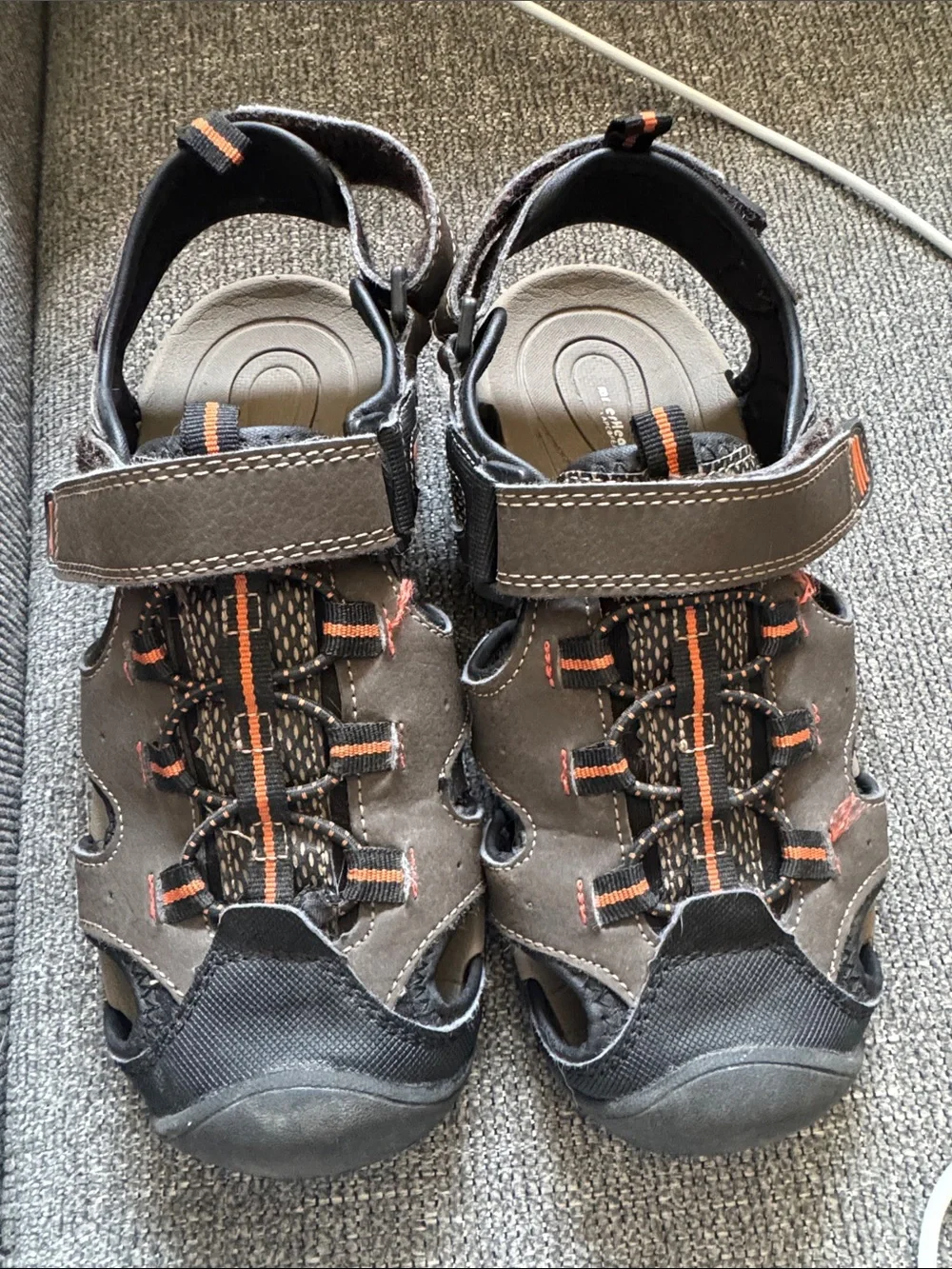 Kids Brown and Black Outdoor Sandals with Orange Accents